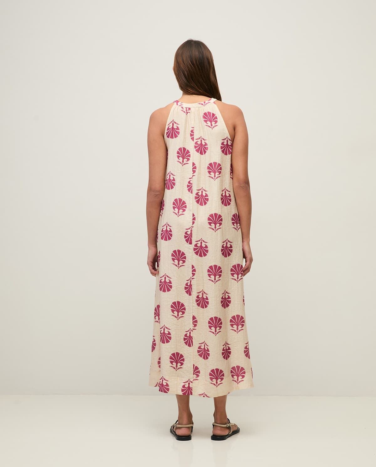 Vestido YERSE 44871 LARGO ESTAMPADO CON FRUNCES CRUDO FUCSIA - Imagen 5
