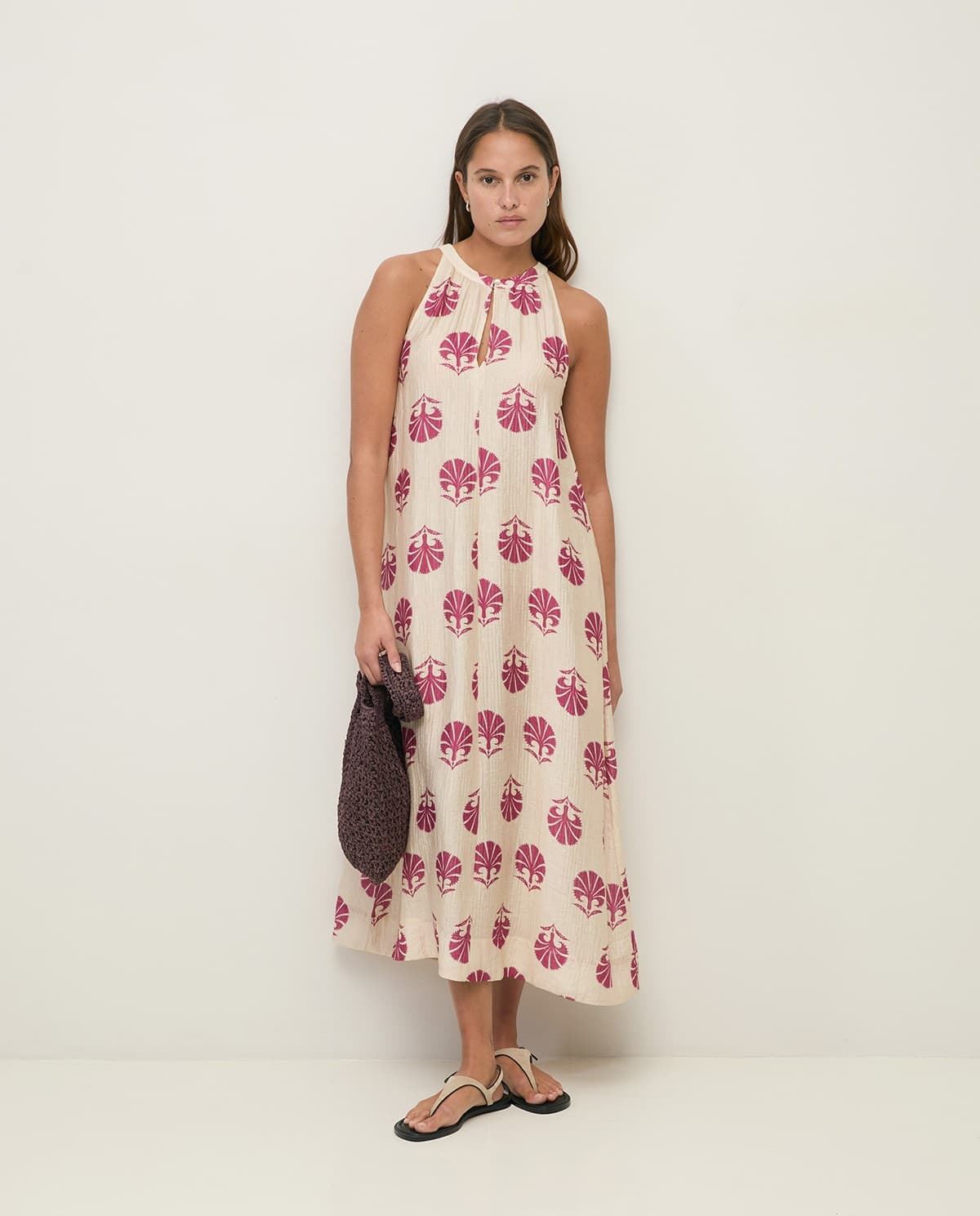 Vestido YERSE 44871 LARGO ESTAMPADO CON FRUNCES CRUDO FUCSIA - Imagen 6