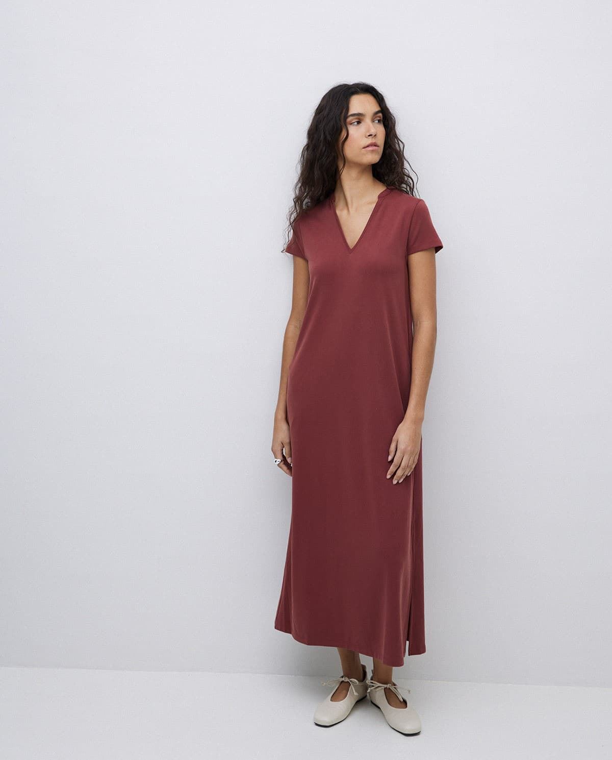 VESTIDO Yerse Ref. 42113 MIDI MANGA JAPONESA GRANATE - Imagen 2