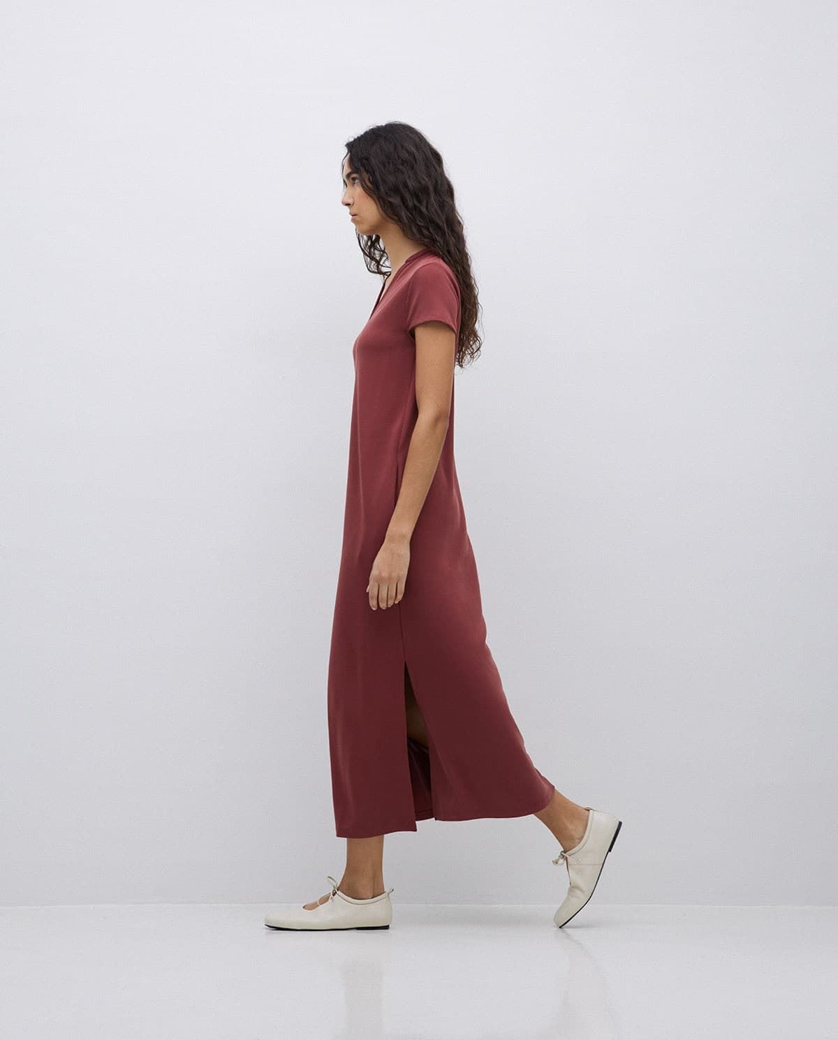 VESTIDO Yerse Ref. 42113 MIDI MANGA JAPONESA GRANATE - Imagen 3