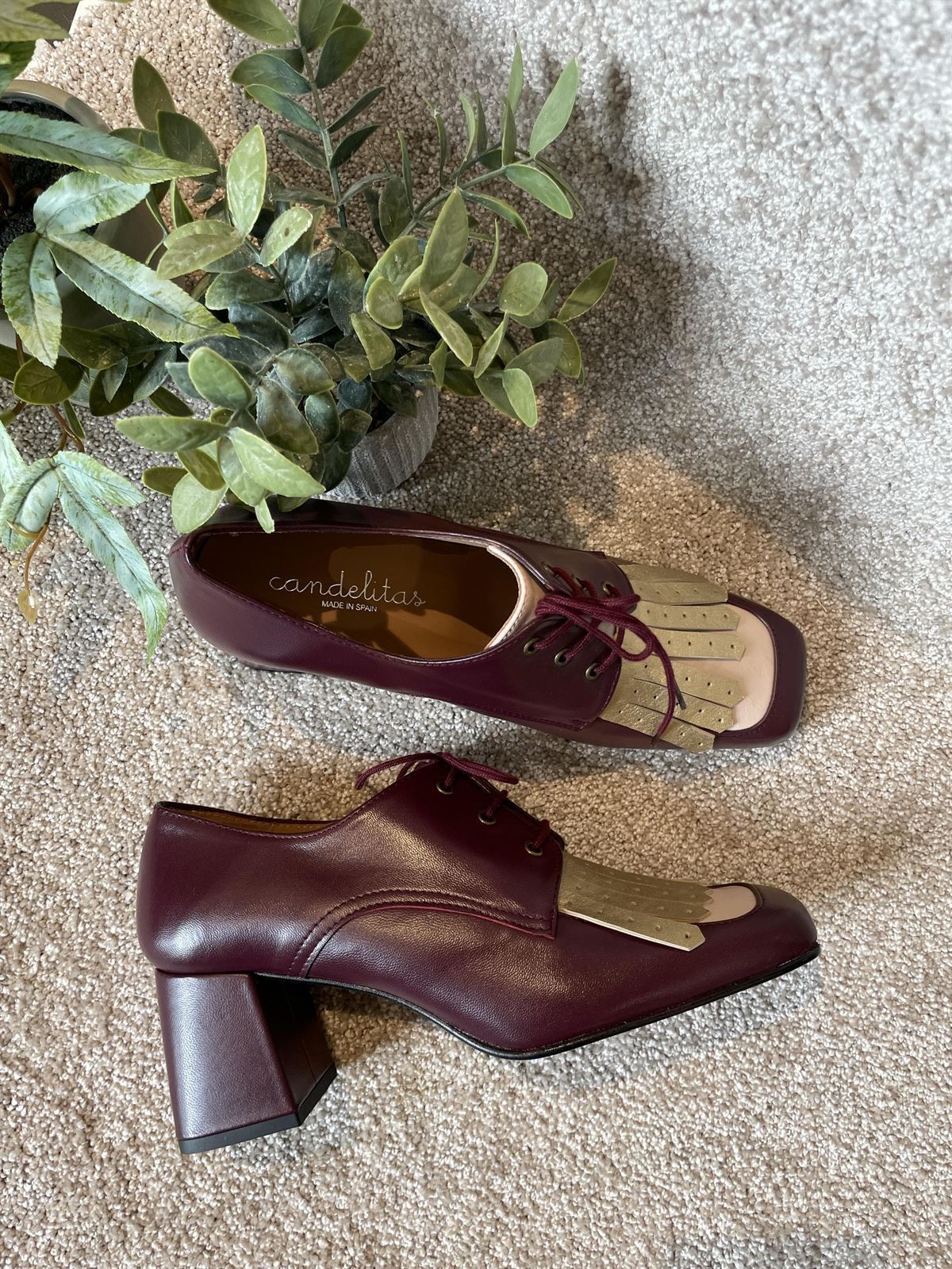 Zapato mocasín Candelitas tacón burdeos y rosa - Imagen 1