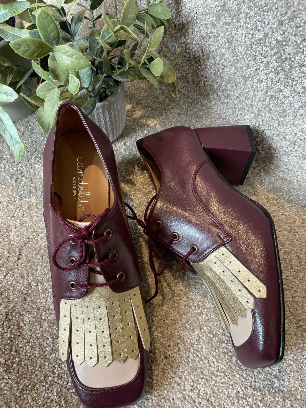 Zapato mocasín Candelitas tacón burdeos y rosa - Imagen 2