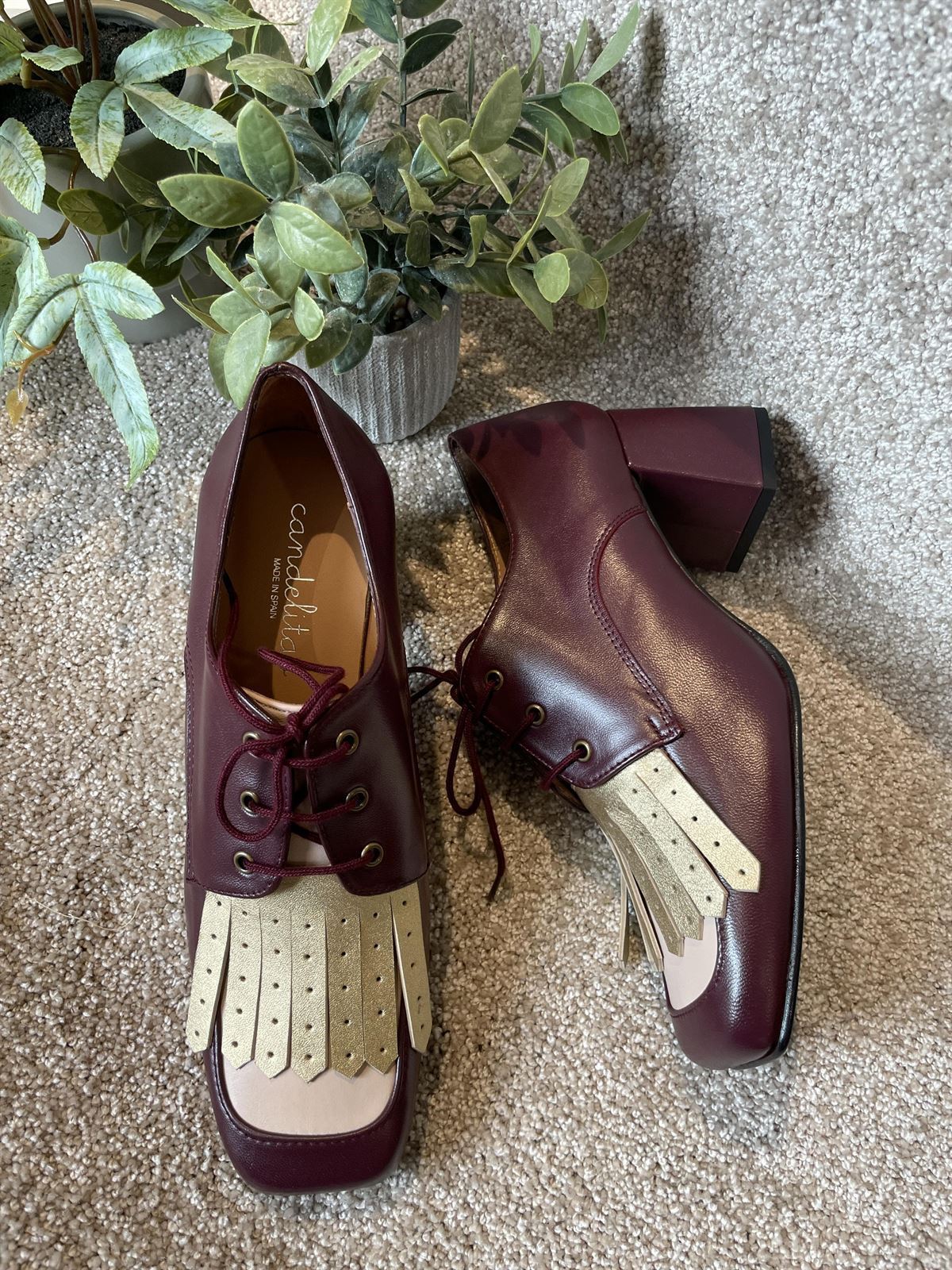 Zapato mocasín Candelitas tacón burdeos y rosa - Imagen 5